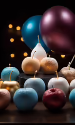 an assortment of apples and candles are on the table