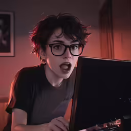a woman wearing glasses is holding up an old computer