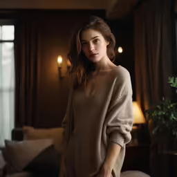 woman leaning against wall in dim lit room