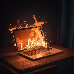 a laptop computer sitting on top of a table filled with fire