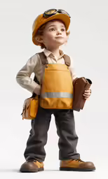 a small child in construction gear, standing with a hard hat and book case