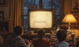 a family sits on a sofa watching tv
