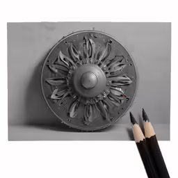 two pencils sit beside a drawing of a sculpture