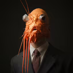 the man in the suit and tie is wearing an orange face with long hair