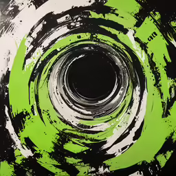 a black and green abstract painting with white accents