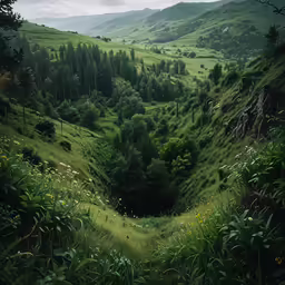 an image of a mountain valley with lots of green hills