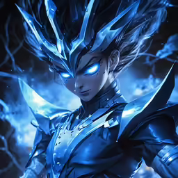 an anime character with glowing blue eyes and long hair