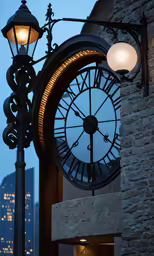 large clock mounted to the side of a building at twilight
