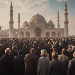 a crowd of people are standing outside of a large building