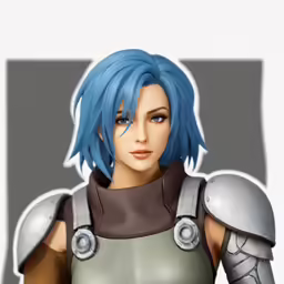 a blue haired girl wearing armor and a blue shirt