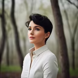 woman wearing jacket and earrings standing in an open forest