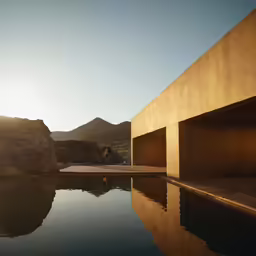 the water near a building in a mountain range