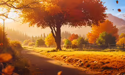 an autumn scene with trees, sun and leaves,a tree with some yellow leaves on a hill