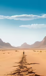 lone person walking across a desert landscape on a sunny day