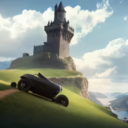 an old fashioned car on a grassy hill in front of an old castle