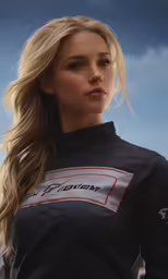 a beautiful young blonde woman in black shirt and white top
