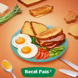 a blue plate filled with a sandwich and two fried eggs,a plate that has some food on it