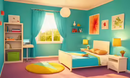 a blue and yellow bedroom with blue and green