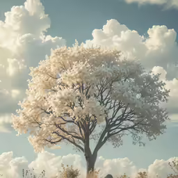 a man kneeling under a white tree on the ground
