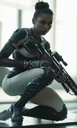 a woman in white clothes holds a gun