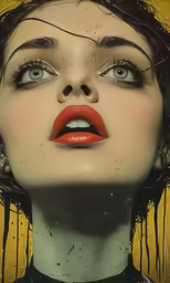 a woman with long black hair and a red lips