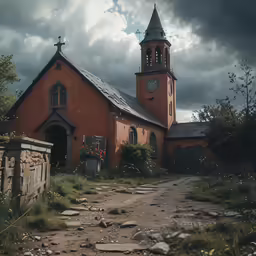 an orange church with a steeple and weather clouds