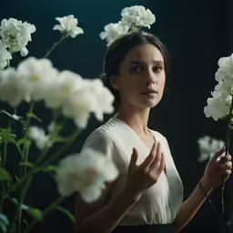 a woman is surrounded by white flowers