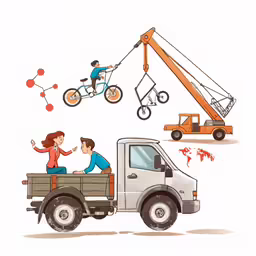 a couple on the back of a pickup truck with bicycles being suspended from a crane