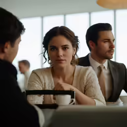 a man and woman are sitting at a table