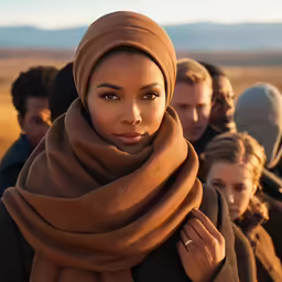 a woman in a headscarf standing next to other people