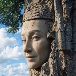 a statue of a woman standing next to a tree