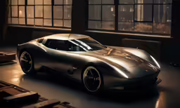 a silver vehicle sitting inside of a garage