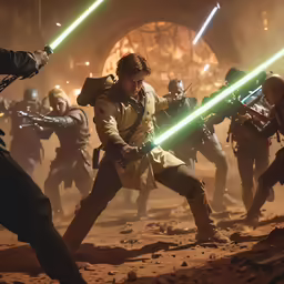 a group of people in costume and holding lights sabers