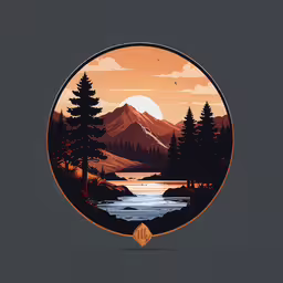 a graphic picture of mountains and trees, which are shown in the center of the circle,an orange, green and blue illustration of the mountains and trees surrounding a lake