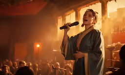 a woman dressed in roman dress, holding a microphone