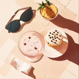 a table topped with drinks and a sandwich on it