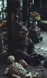 a raccoon in front of a mirror with various food around