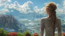 a girl looking over a valley with beautiful scenery,a woman looking at a scenic view from the ruins of castle