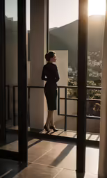 a woman is standing on a balcony and looking out over the hills