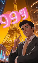 a man in front of the eiffel tower holding up a marker