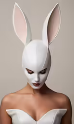 a woman with bunny ears is wearing a white mask