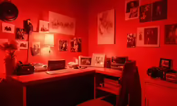 a dimly lit room with many framed photos on a red wall