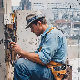 a man sitting outside fixing a switch box