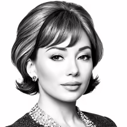 a woman is posing in front of a white background