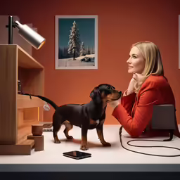 a woman holding her puppy sitting at a desk next to a lamp and desk