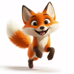 an animated little fox running fast on a white background