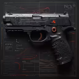 the gun is on top of the floor with drawings