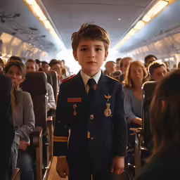 a boy in uniform stands in an airplane aisle