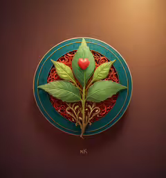 a round blue plate with a small red heart in the center,a plate with a plant decoration on it