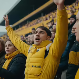 a crowd of people in a stadium with their hands in the air